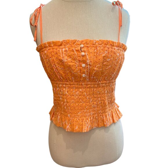 JOIE Wo Cameo Smocked Cotton Top, Muskmelon Porcelain, Size M - Picture 4 of 9